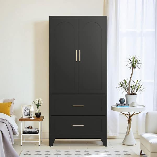Kelvin Black Tall Metal 70.9 in. Wardrobe Cabinet with 2 Drawers and Hanging Rod