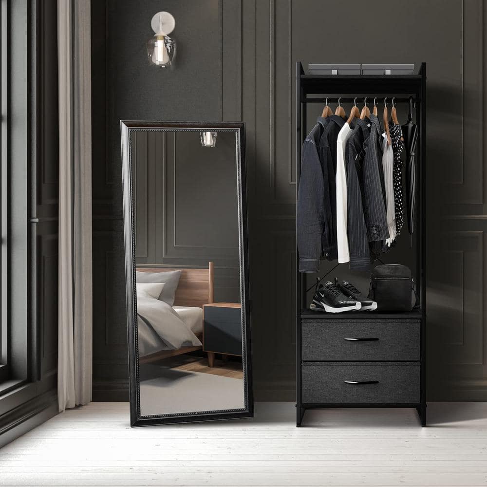 Portable Black Steel and Wood Garment Rack with Drawers