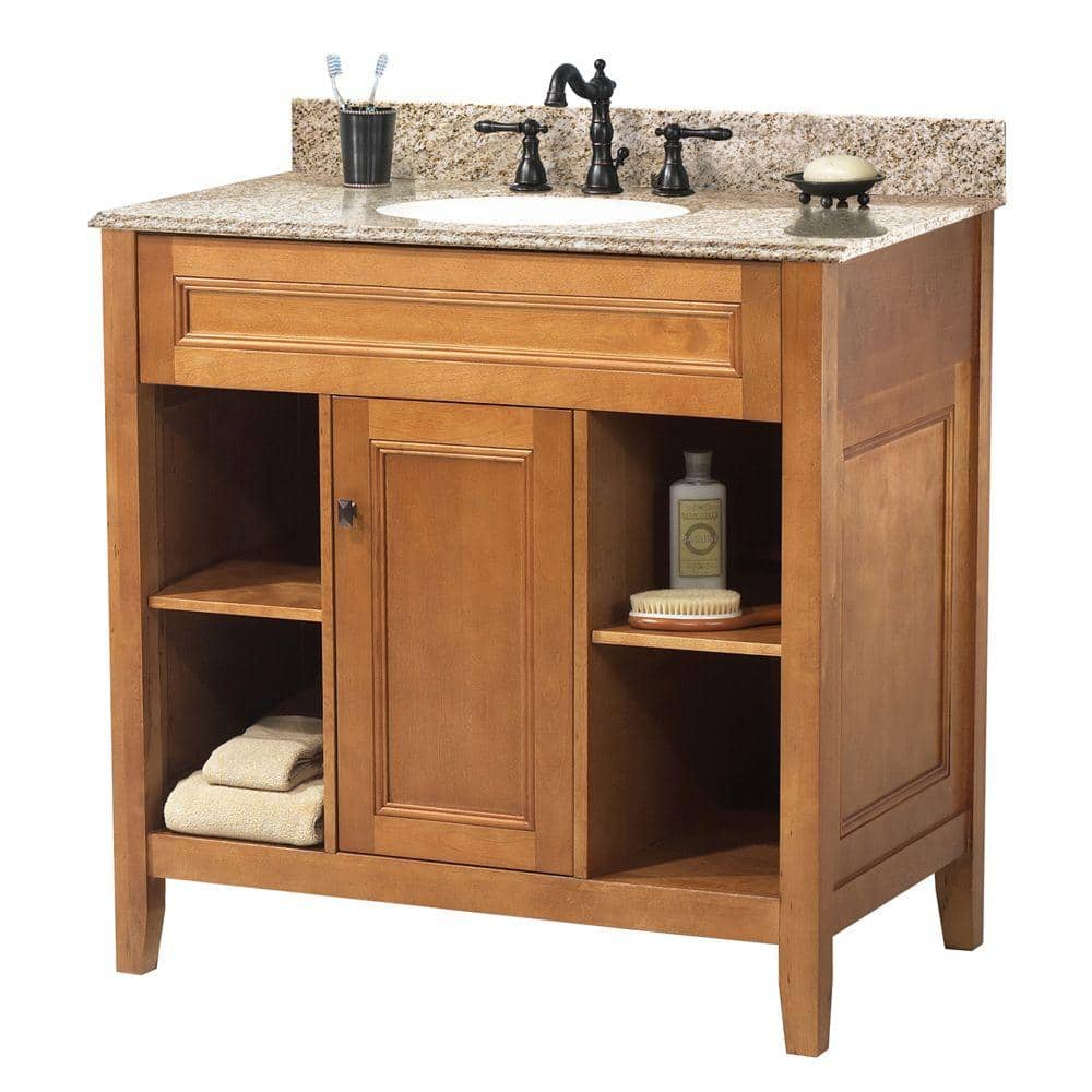 Home Decorators Collection Exhibit 31 In W X 22 In D Bath Vanity In Rich Cinnamon With Granite Vanity Top In Golden Hill Triagh3122 The Home Depot
