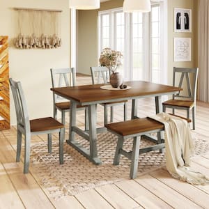 Farmhouse 6-piece Walnut and Gray Rectangle MDF Top Dining Table Set Seats 6