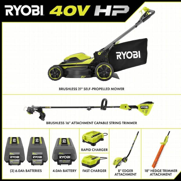 40V HP 21" Brushless Walk Behind Self-Propelled Mower, String Trimmer, Edger & Hedge Trimmer-(3) Batteries (2) Chargers
