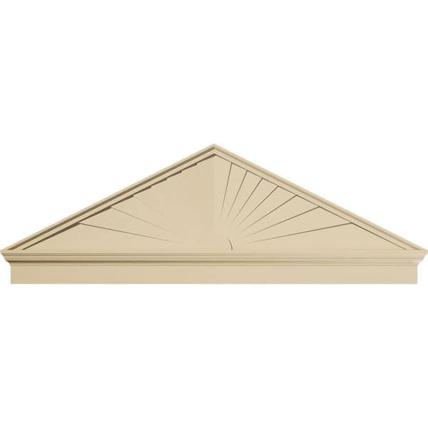 Ekena Millwork 72 in. W x 24-7/8 in. H x 2-3/4 in. P Pitch 6/12 Peaked Cap Sunburst Signature Urethane Combination Pediment Primed Tan