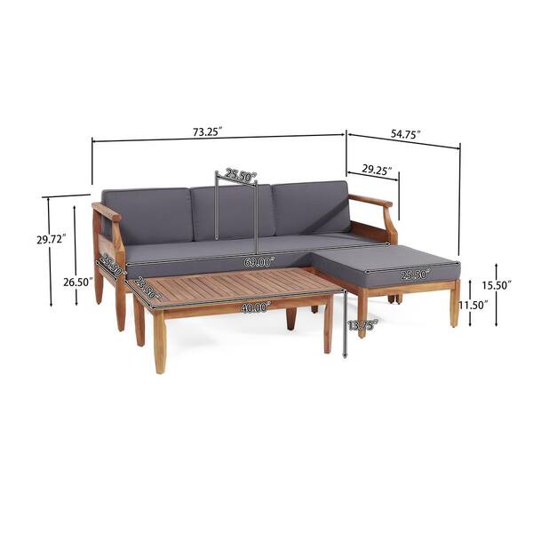 Sloane Acacia Wood Outdoor 3 Seater Sofa Chat Set with Ottoman Teak and Dark Gray