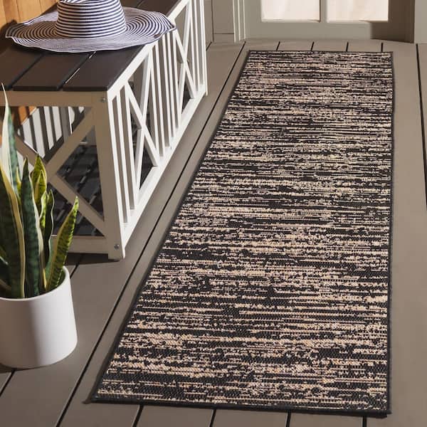Beach House Black/Beige 2 ft. x 8 ft. Distressed Striped Solid Indoor/Outdoor Runner Rug