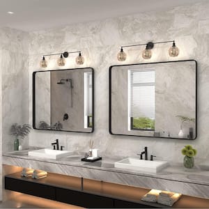 40 in. W x 32 in. H Large Rectangular Tempered Glass Framed Wall Bathroom Vanity Mirror in Matte Black