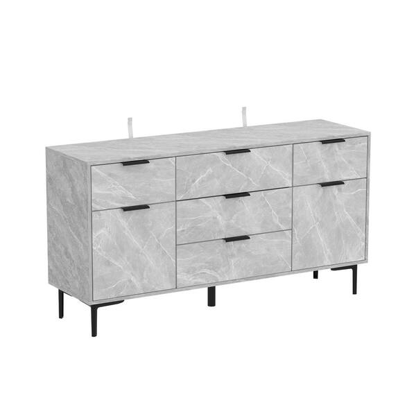 FUFU&GAGA Grey Marble Wood 55.1 in. W Sideboard Cupboard With 2-Doors Cabinets and 5-Drawers for Hallway, Kitchen, Dining Room