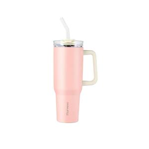 40 oz. Insulated Pink Leak Proof Double Walled Stainless Steel Tumbler with Handle and Straw