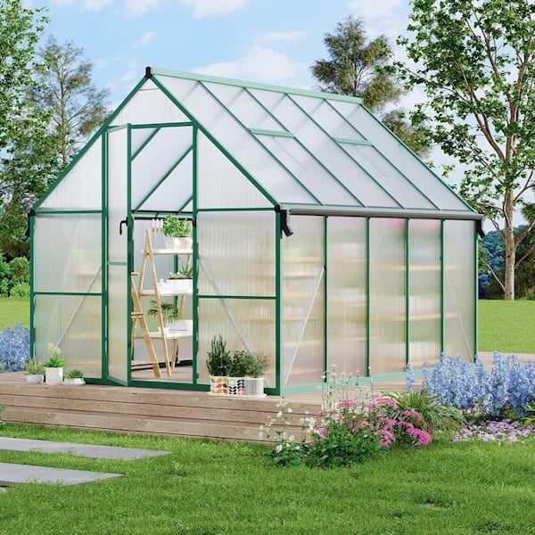 Heavy Duty 8x10 FT Polycarbonate Walk-in Greenhouse UV Protected Panels, Adjustable Roof Vent, Lockable Door Green