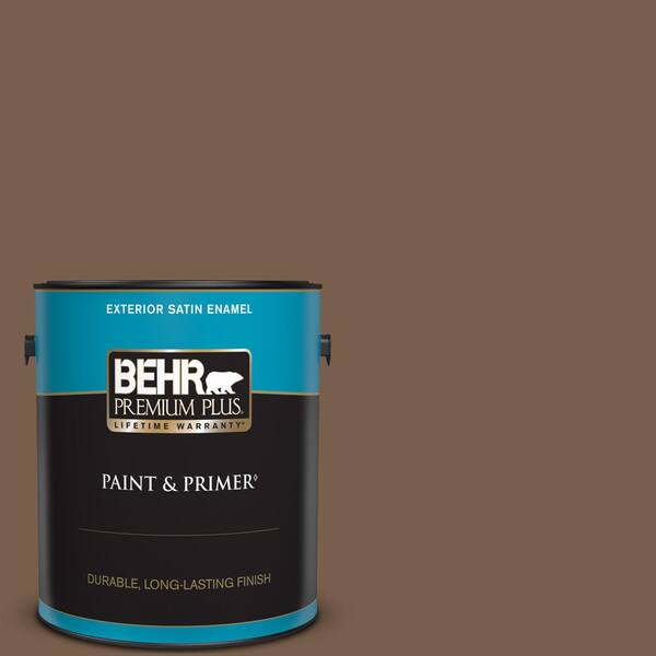 BEHR PREMIUM PLUS 1 gal. #250F-7 Melted Chocolate Satin Enamel Exterior Paint & Primer