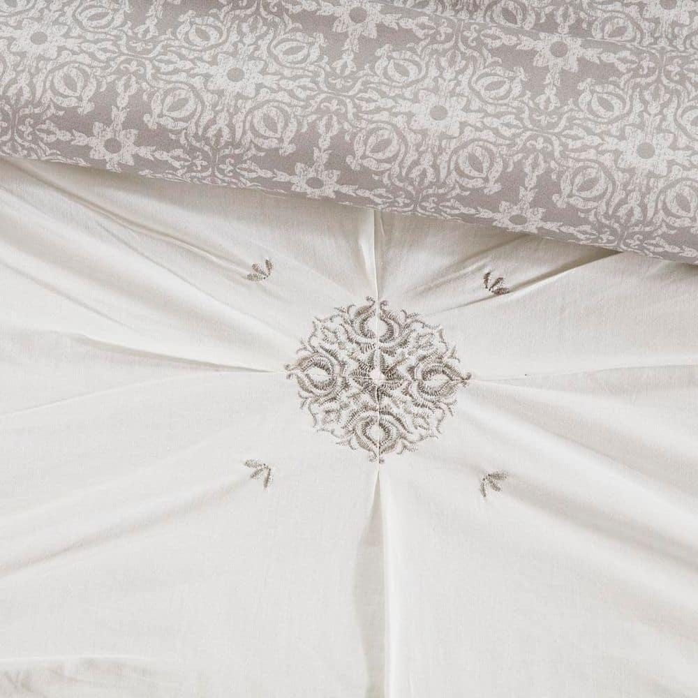 Ivory and Gray Embroidered Cotton Duvet Cover Set, Full/Queen