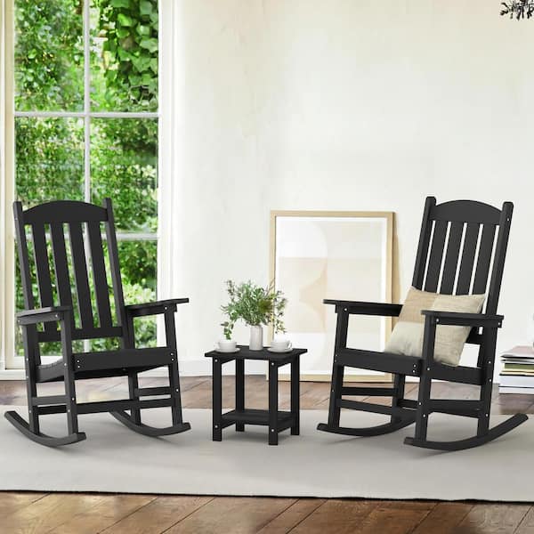 LUE BONA Black Plastic Adirondack Outdoor Rocking Chair with High Back, Porch Rocker For Backyard (2-Pack)