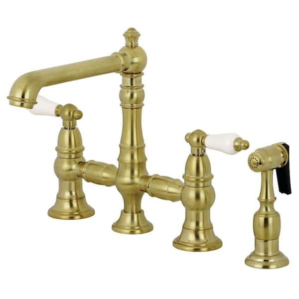 Kingston Brass English Country 2-Handle Bridge Kitchen Faucet with Side Sprayer in Brushed Brass