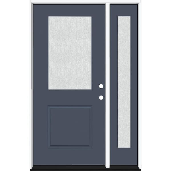 Steves & Sons Legacy 53 in. x 80 in. 1/2 Lite Rain Glass LHIS Primed Dark Denim Finish Fiberglass Prehung Front Door w/14 in. SL