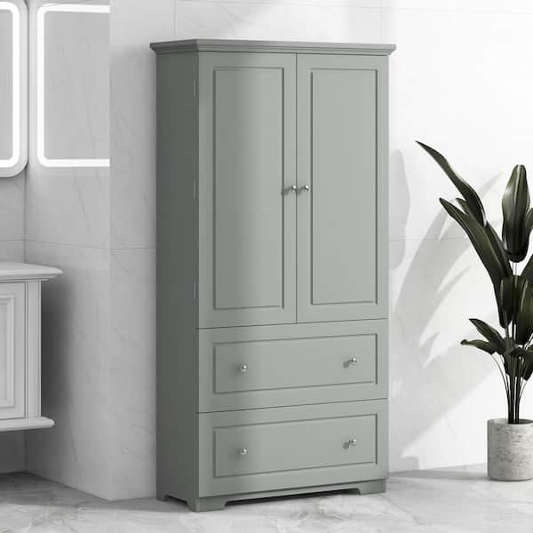 32.6 in. W x 13 in. D x 62.3 in. H Gray Wide Bathroom Storage Linen Cabinet with 2 Doors, 2 Drawers, Adjustable Shelf
