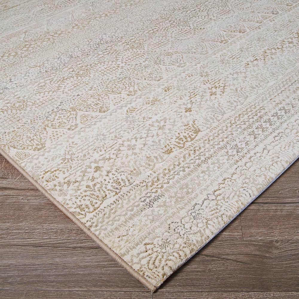 Ivory and Light Grey Floral Synthetic Runner Rug, 2'7" x 7'10"