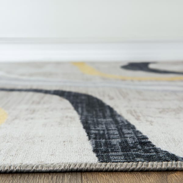 Contemporary Distressed Yellow 2 ft. x 7 ft. Abstract Lines Non Slip Runner Rug