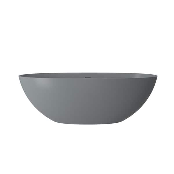65 in. x 29.52 in. Solid Surface Freestanding Oval Soaking Bathtub with Reversible Drain in Matte Gray