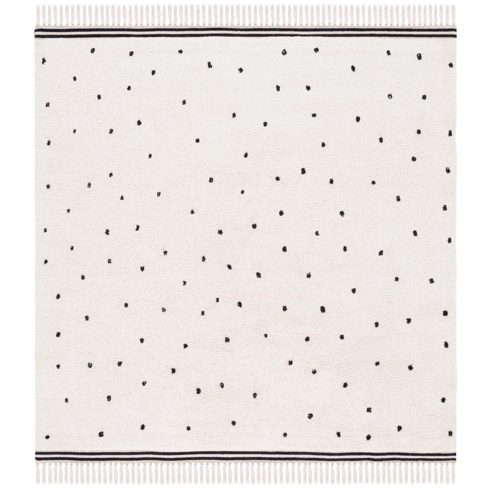 Ivory and Black Cotton Polka Dot Washable Square Rug, 6' x 6'