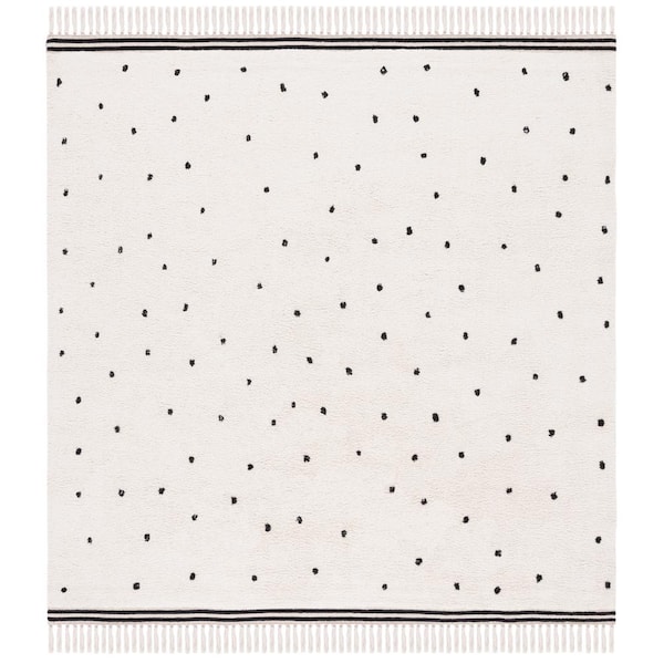 SAFAVIEH Easy Care Ivory/Black 6 ft. x 6 ft. Machine Washable Polka Dot Border Solid Color Square Area Rug