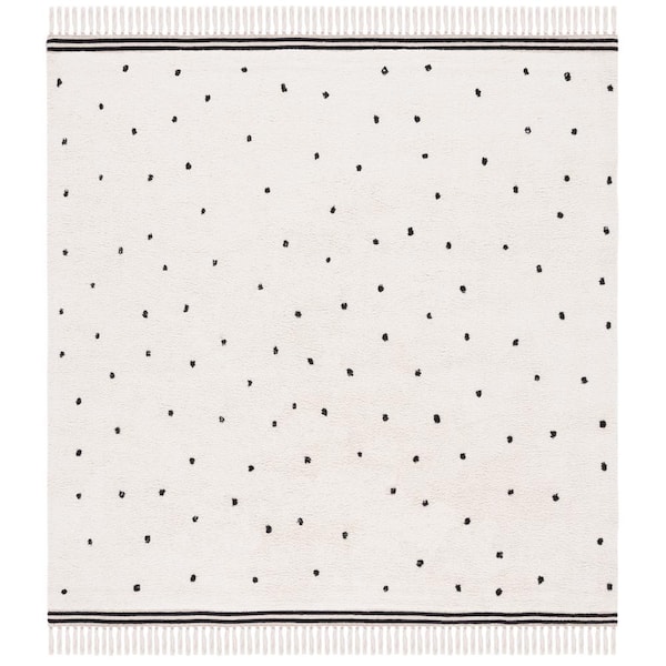 Easy Care 8 ft. x 8 ft. Ivory/Black Machine Washable Spotted Fringe Square Area Rug