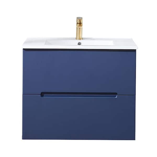 VC CUCINE 30 in. W x 17.91 in. D x 23.62 in. H Wall Hung Bathroom Vanity in Blue with White Ceramic Top with White Sink