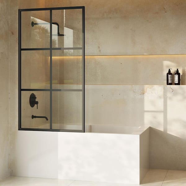 Swiss Madison Virage 34 in. W x 58 in. H Fixed Tub Door in Black Matte with Tempered Clear Glass