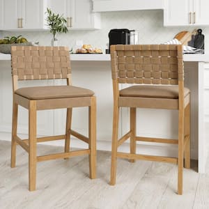 Cohen 24 in. Light Brown Solid Wood Mid-Century Modern Counter Stool with Faux Leather Seat and Woven Back, Set of 2