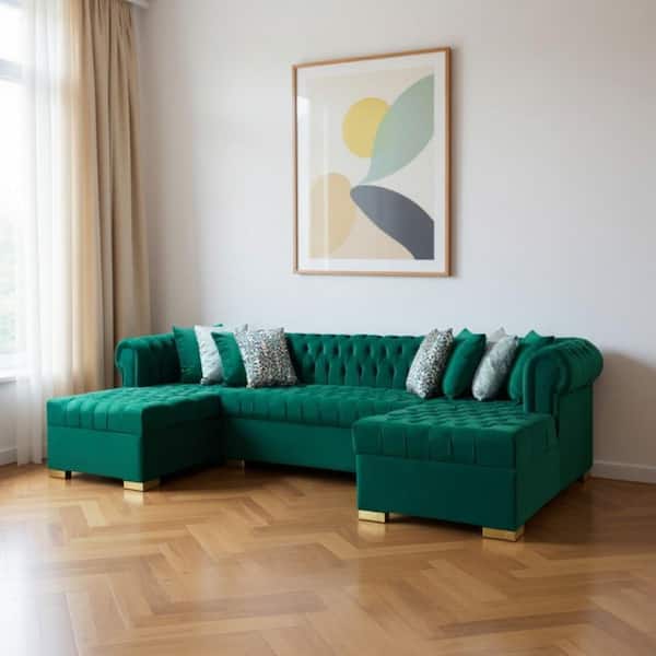 136.00 in. Square Arm 3 piece Velvet U-Shaped Sectional Sofa in. Green