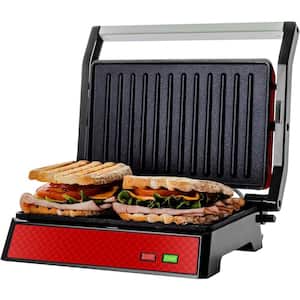 Red Electric Panini Press Grill, 2-Slice 1000-Watt Heating Plate, Drip Tray Included