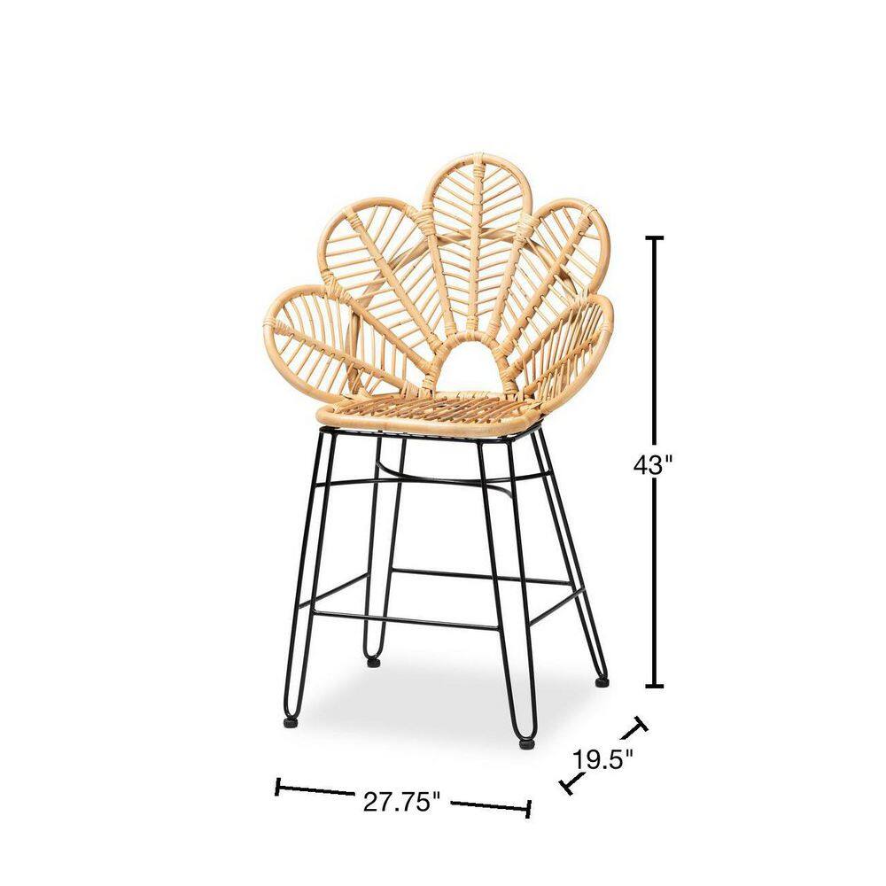 Garan Natural Rattan and Black Metal Boho Counter Stool