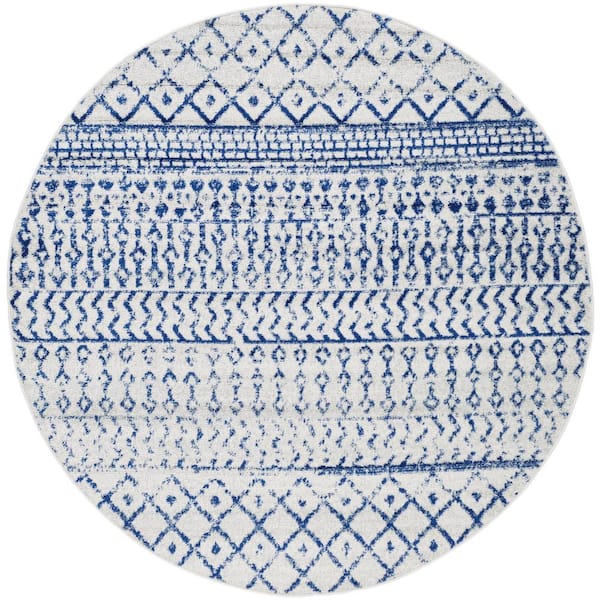 Livabliss Alois Cream/Royal Blue Geometric 6 ft. x 6 ft. Indoor Round Area Rug