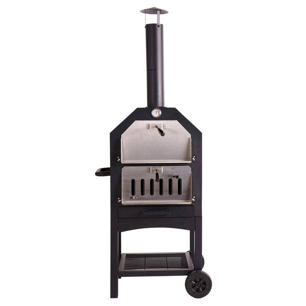 Sizzim Wood Burning Outdoor Pizza Oven Black 2-Layer Pizza Oven with Pizza Stone with Removable Wheels