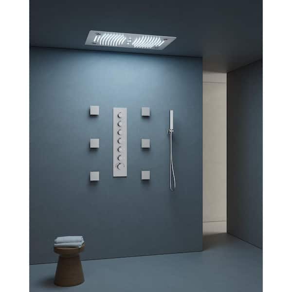Bluetooth Music and LED Mood Lighting 6-Spray 28 in. x 16 in. Ceiling Mount Dual & Hand Shower 2.5 GPM in Brushed Nickel