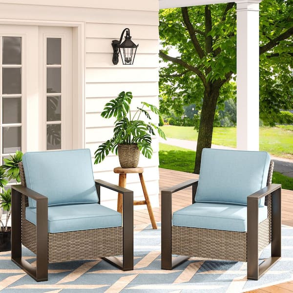 JOYSIDE 2-Piece Patio Wicker Outdoor Lounge Chair with Metal Frame and Baby Blue Cushions