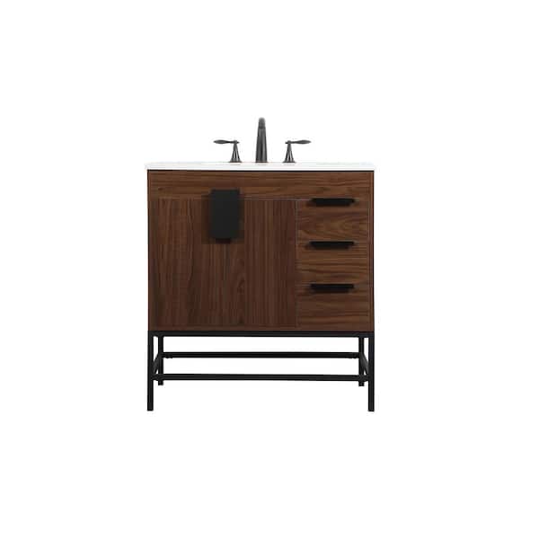 Unbranded Simply Living 32 in. W x 22 in. D x 33.5 in. H Bath Vanity in Walnut with Ivory White Engineered Marble Top