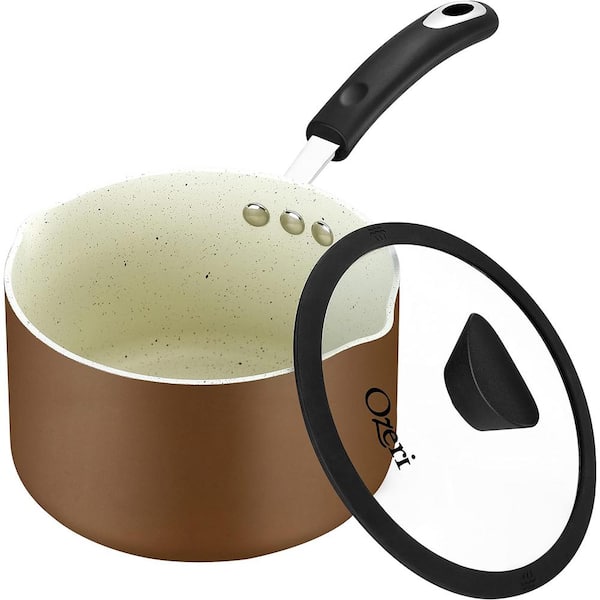 3.2 qt. Stone Layered with Aluminum Core Nonstick Saucepan in Coconut Brown with Silicone Coated Handle and Glass Lid