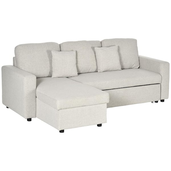HOMCOM 89.75 in. W Full Cream White Linen Fabric Sectional Sofa Bed