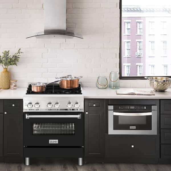 30 in. 4 Burner Dual Fuel Range with Black Matte Door in Stainless Steel
