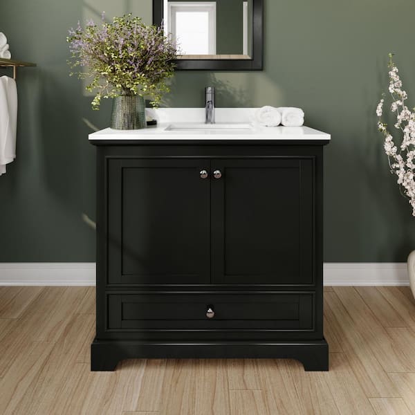 Wyndham Collection Deborah 36 in. W x 22 in. D x 35 in. H Single Bath Vanity in Dark Espresso with White Quartz Top and 24 in. Mirror