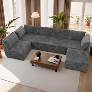 130 in. Square Arm 6-Piece Plush Corduroy Modern L-Shape Free Combination Modular Sectional Sofa in Gray with Ottoman