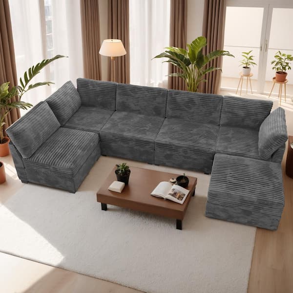 Allwex 130 in. Square Arm Modern 6-Piece Plush Corduroy L-Shape Free Combination Modular Sectional Sofa in Gray with Ottoman
