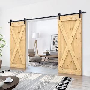 72 in. x 84 in. X-Panel Unfinished Solid Core Knotty Pine Sliding Barn Door with Hardware Kit