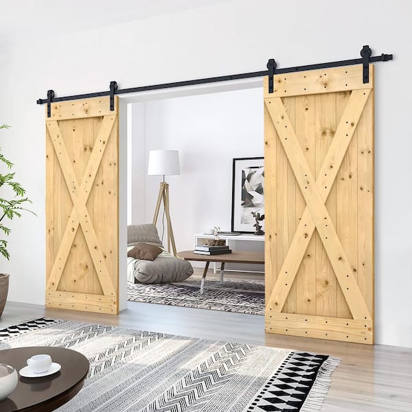 72 in. x 84 in. X-Panel Unfinished Solid Core Knotty Pine Sliding Barn Door with Hardware Kit