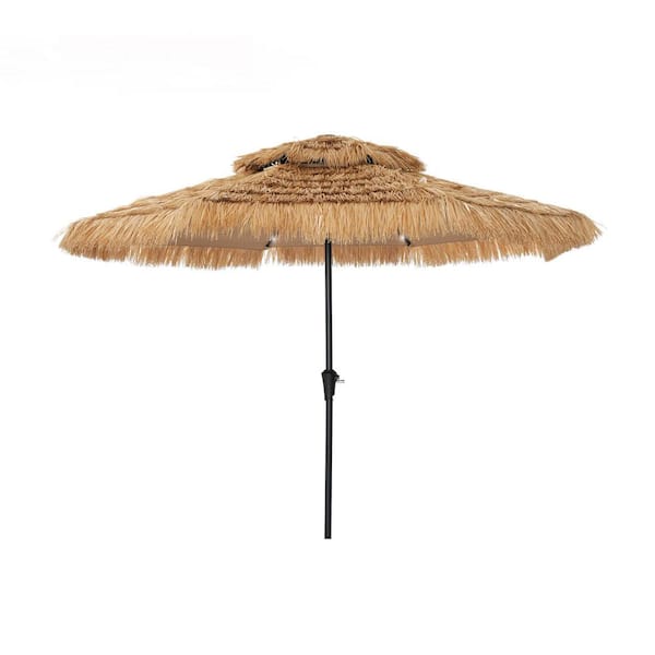 Mondawe 9 ft. Thatched Tiki Beach Umbrella 2-Tier Patio Umbrella with LED Light in Natural Color