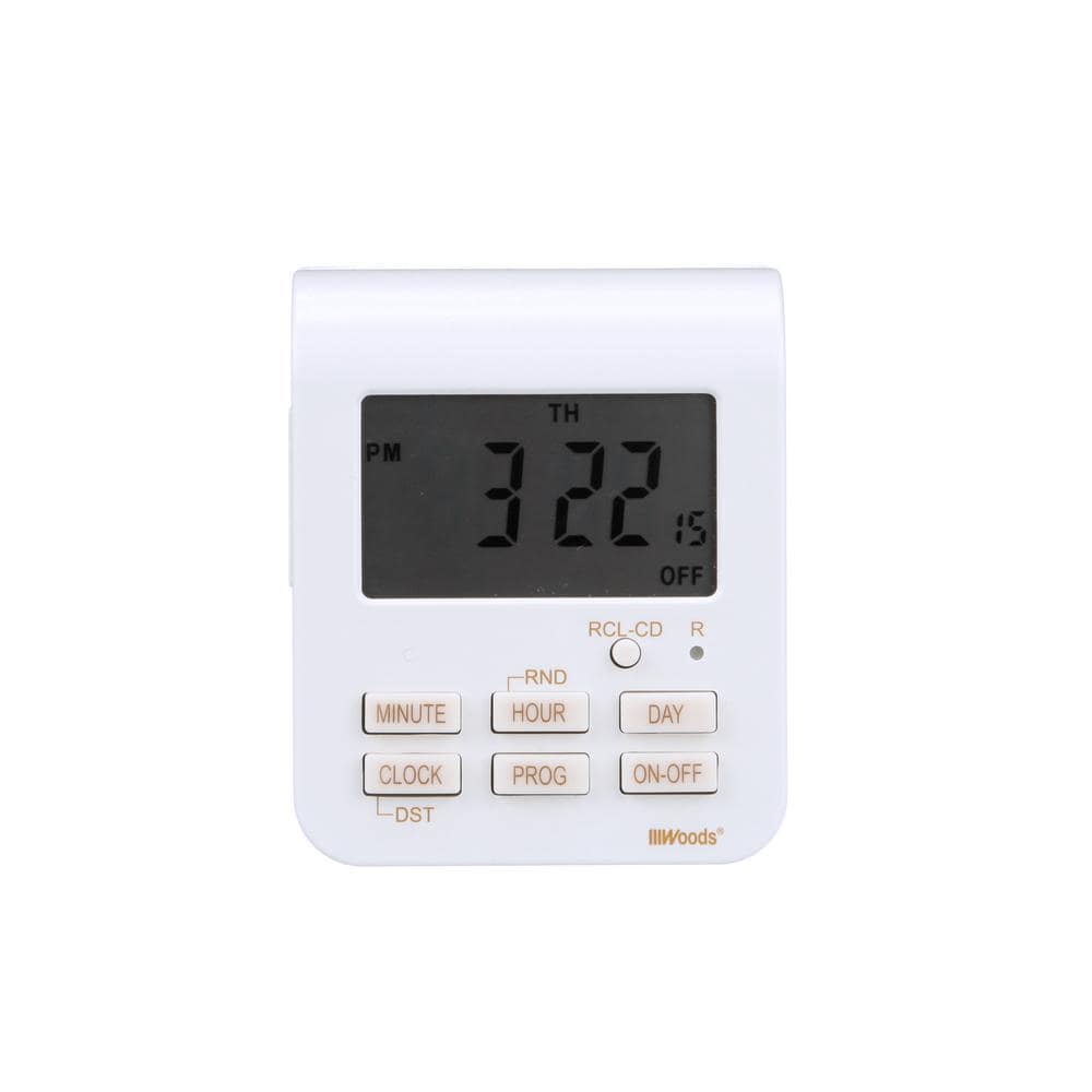 Woods 15-Amp 7-Day Indoor Plug-In Heavy-Duty Dual-Outlet Digital Timer,  White 50009WD - The Home Depot, image size:1000x1000