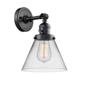 Cone 1-Light Clear, Matte Black Wall Sconce with Clear Glass Shade