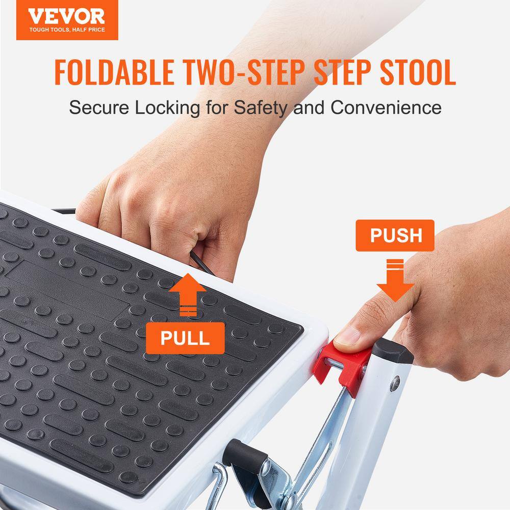 White Foldable 2-Step Steel Ladder with Anti-Slip Pedals