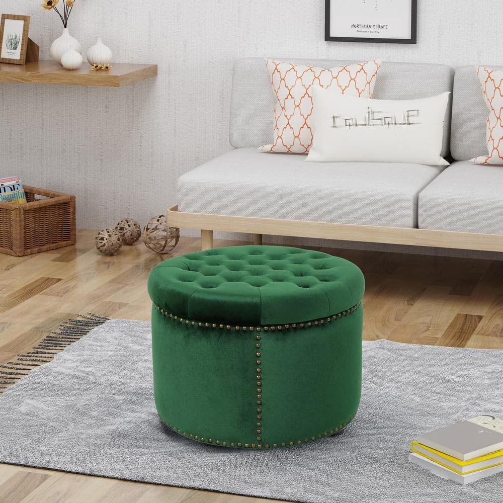 Emerald Green Velvet Tufted Round Accent Ottoman with Studded Detail