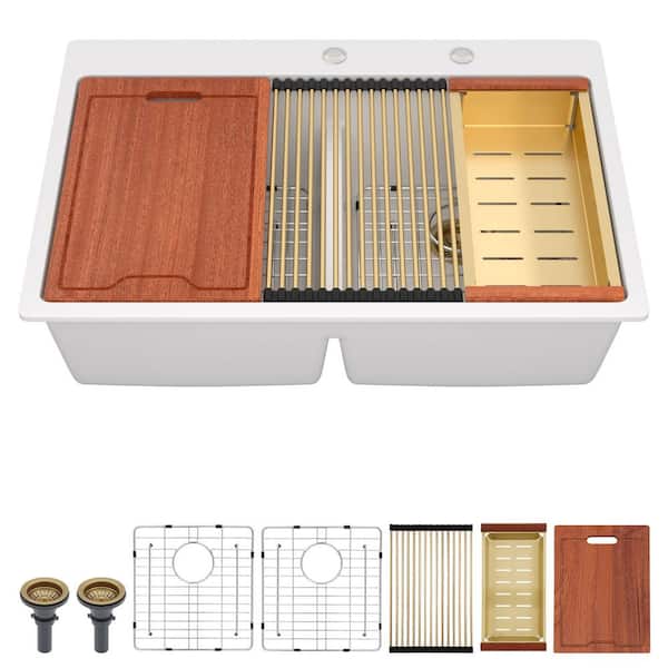 33 in. Drop in Granite Composite 50/50 Split Double Bowl Kitchen Sink, Classic White Quartz Ledge Workstation Basin