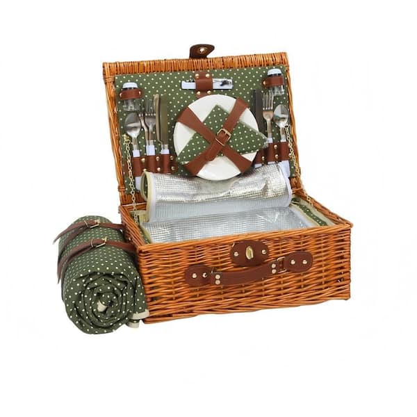 Romantic Gathering Series 4-Piece Green and White Spots Wicker Picnic Basket Set with Waterproof Mat for Camping